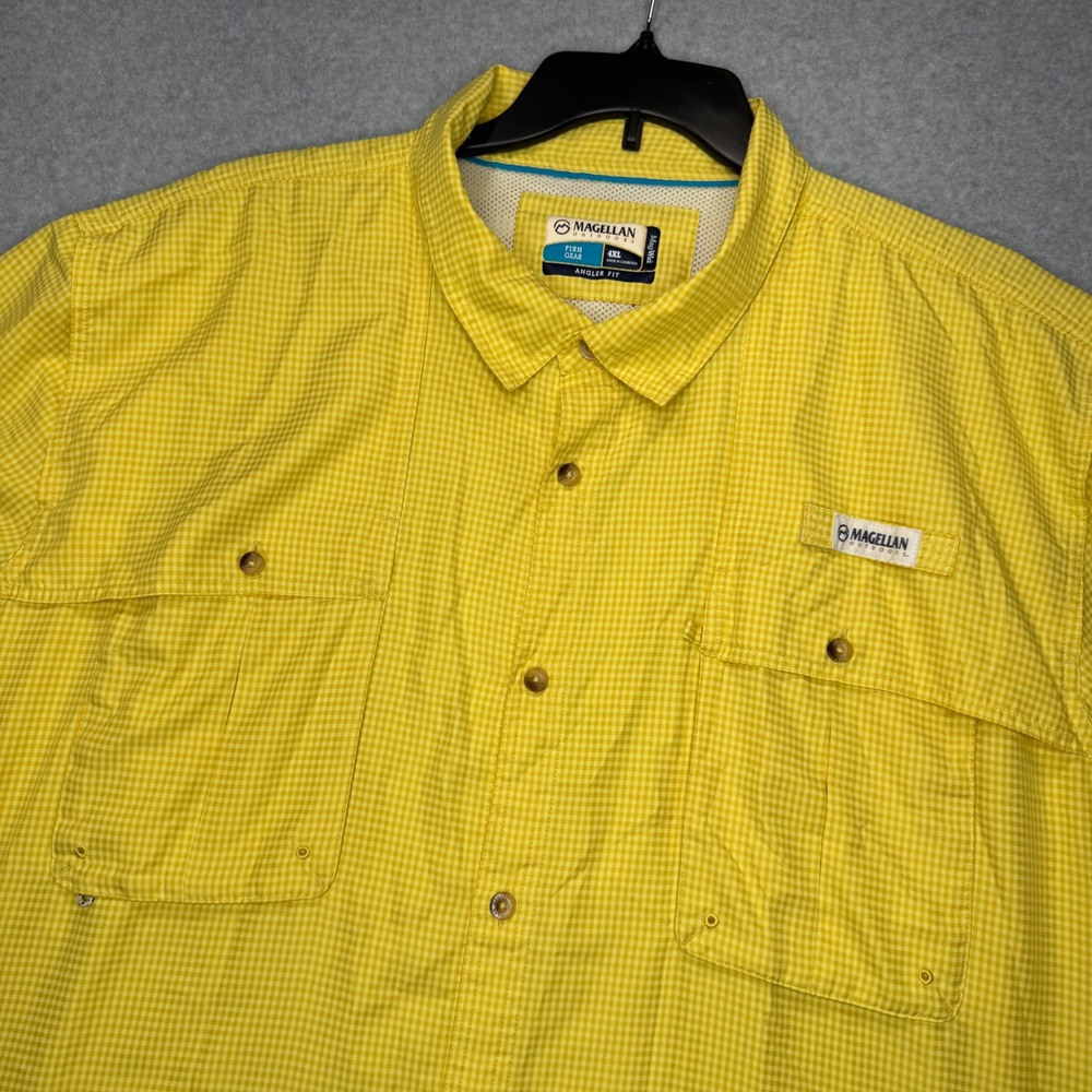 Magellan Fishing Shirt Mens 4XL Yellow Gingham Check Plaid Vented Short Sleeve